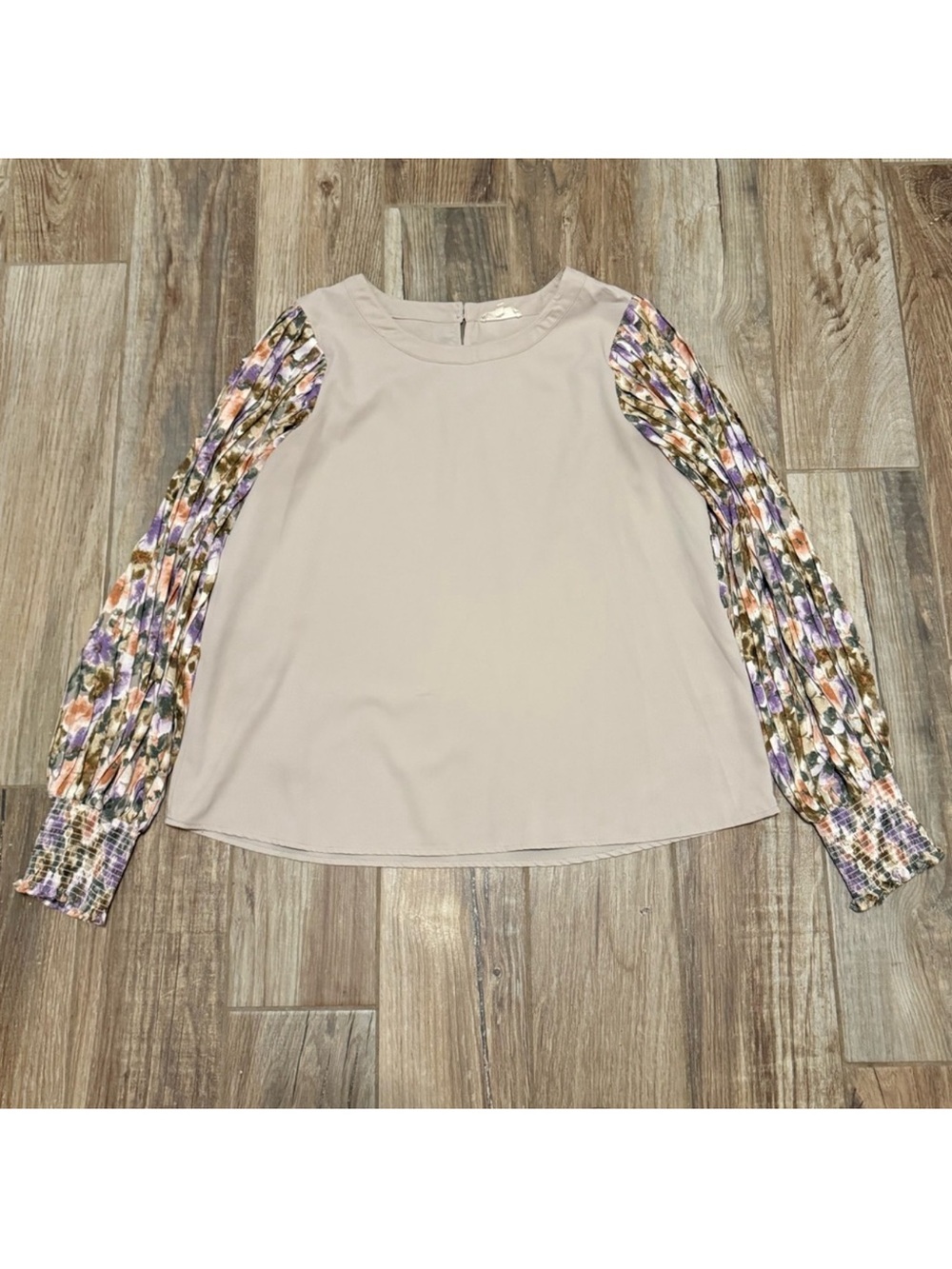 Entro Beige Top with Multicolor Floral Balloon Sleeves